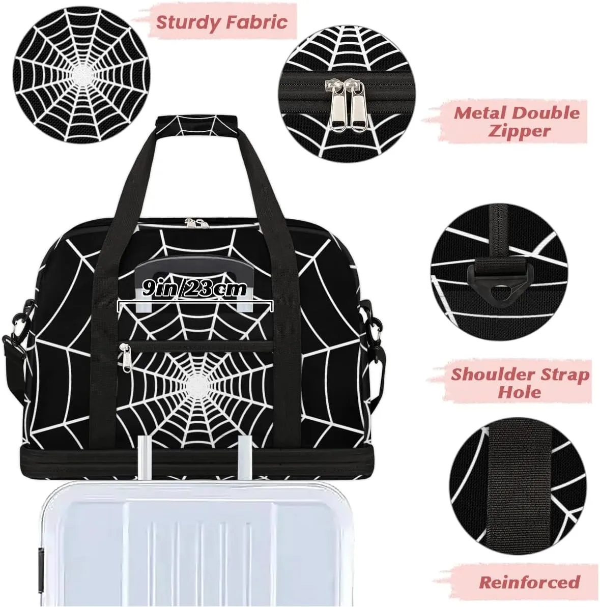 Gym Bag for Men Women, Carry on Travel Duffel Bag with Trolley Sleeve, Black Spider Web Waterproof Weekender Overnight Bags with Shoes and Wet Clothes Compartment for Sleepover Workout Sports