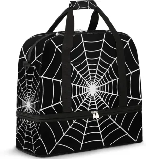 Gym Bag for Men Women, Carry on Travel Duffel Bag with Trolley Sleeve, Black Spider Web Waterproof Weekender Overnight Bags with Shoes and Wet Clothes Compartment for Sleepover Workout Sports