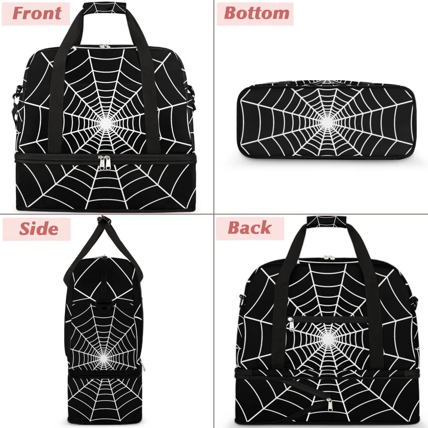 Gym Bag for Men Women, Carry on Travel Duffel Bag with Trolley Sleeve, Black Spider Web Waterproof Weekender Overnight Bags with Shoes and Wet Clothes Compartment for Sleepover Workout Sports