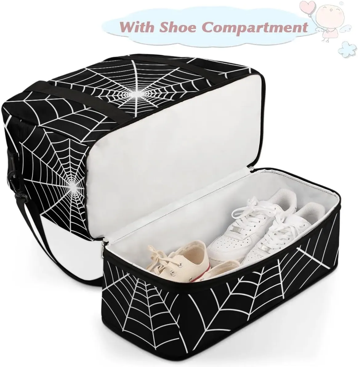 Gym Bag for Men Women, Carry on Travel Duffel Bag with Trolley Sleeve, Black Spider Web Waterproof Weekender Overnight Bags with Shoes and Wet Clothes Compartment for Sleepover Workout Sports