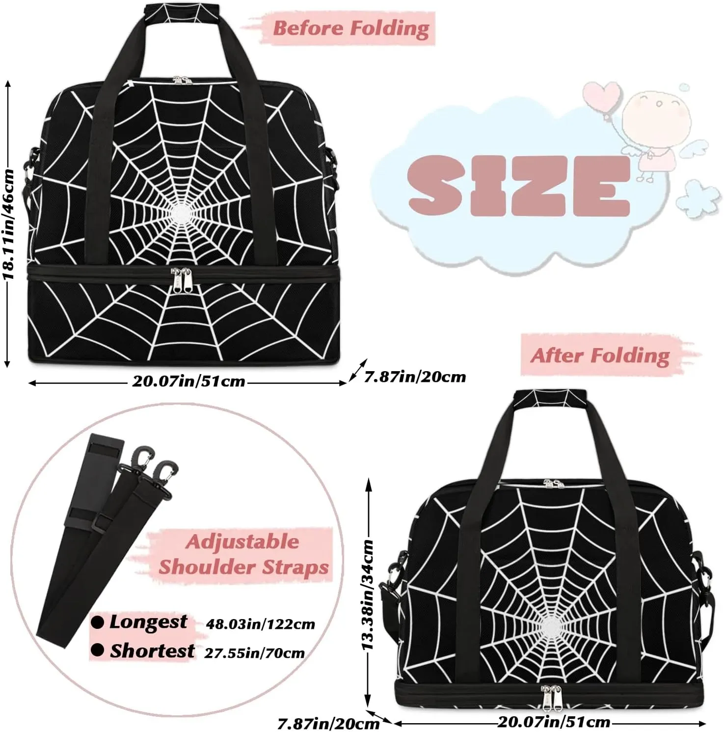 Gym Bag for Men Women, Carry on Travel Duffel Bag with Trolley Sleeve, Black Spider Web Waterproof Weekender Overnight Bags with Shoes and Wet Clothes Compartment for Sleepover Workout Sports