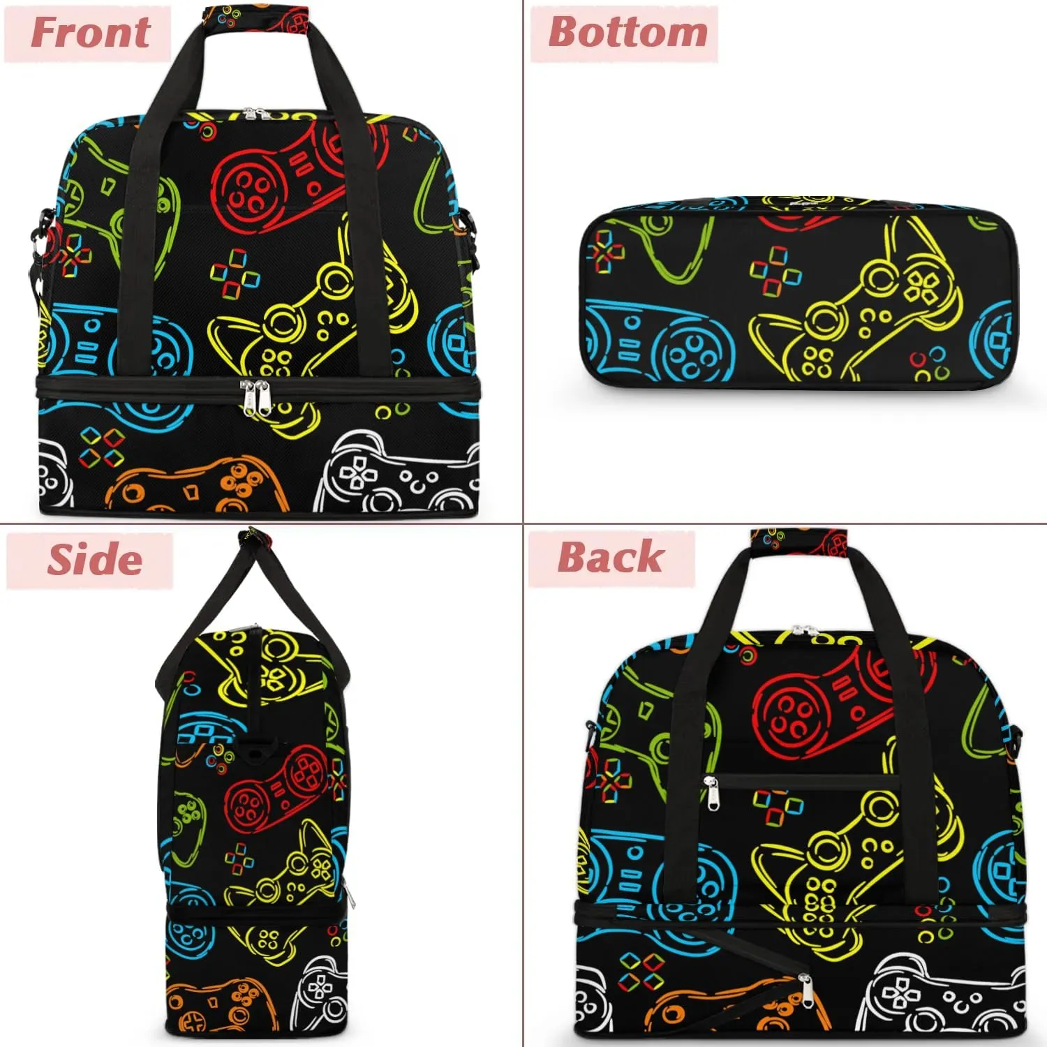 Gym Bag for Men Women, Carry on Travel Duffel Bag with Trolley Sleeve, Game Controller Waterproof Weekender Overnight Bags with Shoes and Wet Clothes Compartment for Sleepover Workout Sports