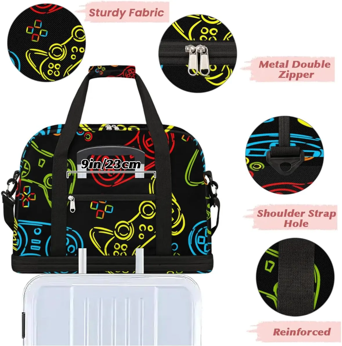 Gym Bag for Men Women, Carry on Travel Duffel Bag with Trolley Sleeve, Game Controller Waterproof Weekender Overnight Bags with Shoes and Wet Clothes Compartment for Sleepover Workout Sports