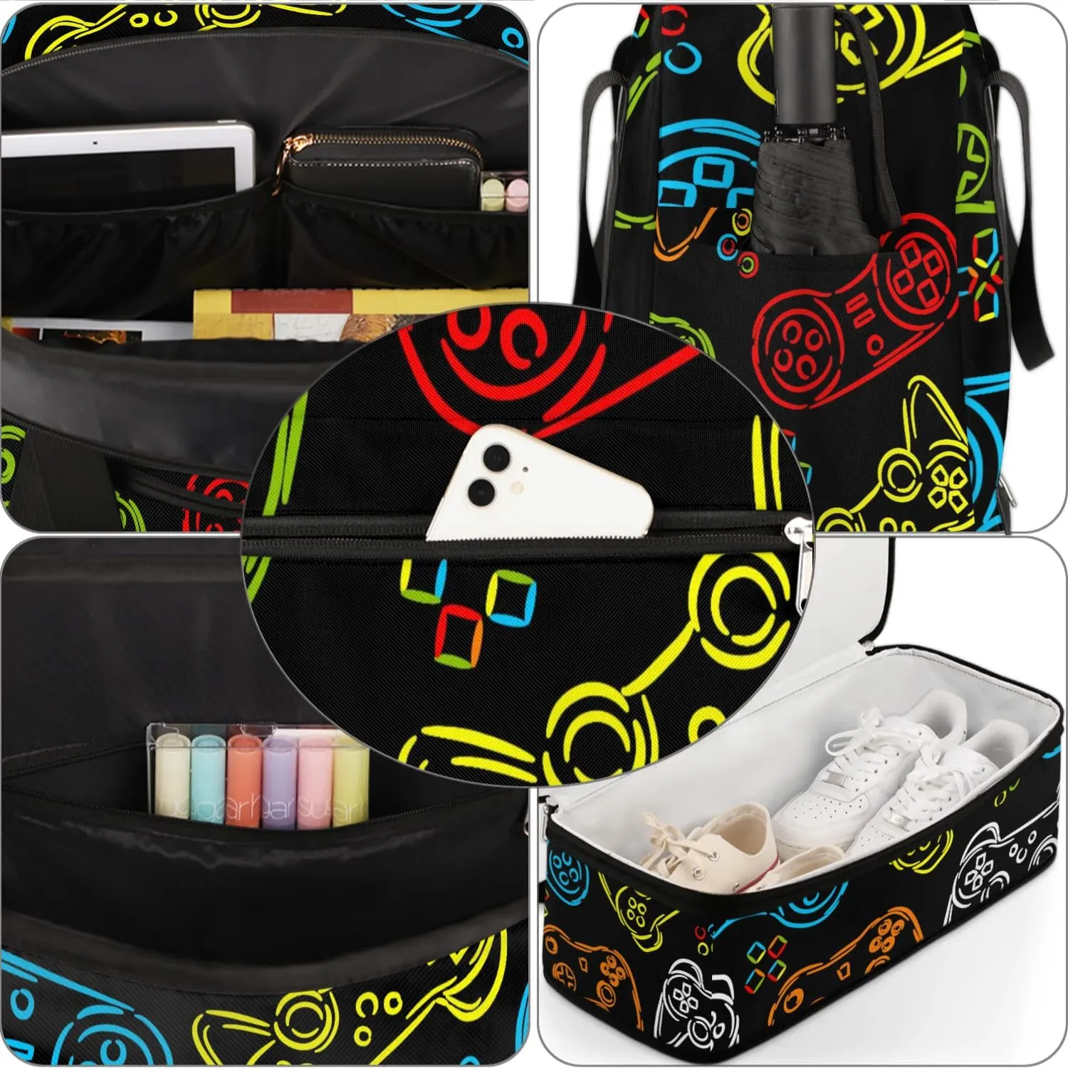 Gym Bag for Men Women, Carry on Travel Duffel Bag with Trolley Sleeve, Game Controller Waterproof Weekender Overnight Bags with Shoes and Wet Clothes Compartment for Sleepover Workout Sports