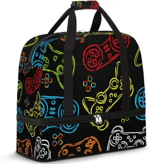 Gym Bag for Men Women, Carry on Travel Duffel Bag with Trolley Sleeve, Game Controller Waterproof Weekender Overnight Bags with Shoes and Wet Clothes Compartment for Sleepover Workout Sports