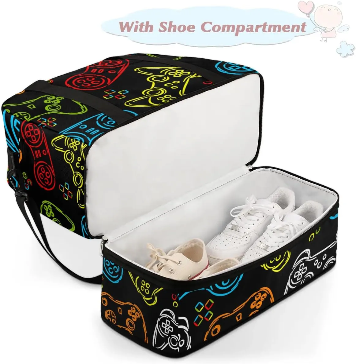 Gym Bag for Men Women, Carry on Travel Duffel Bag with Trolley Sleeve, Game Controller Waterproof Weekender Overnight Bags with Shoes and Wet Clothes Compartment for Sleepover Workout Sports