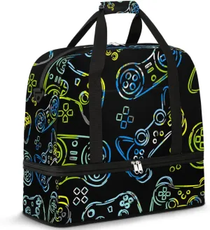 Gym Bag for Men Women, Gamer Gamepad Carry on Travel Duffel Bag with Trolley Sleeve, Waterproof Weekender Overnight Bags with Shoes and Wet Clothes Compartment for Sleepover Workout Sports