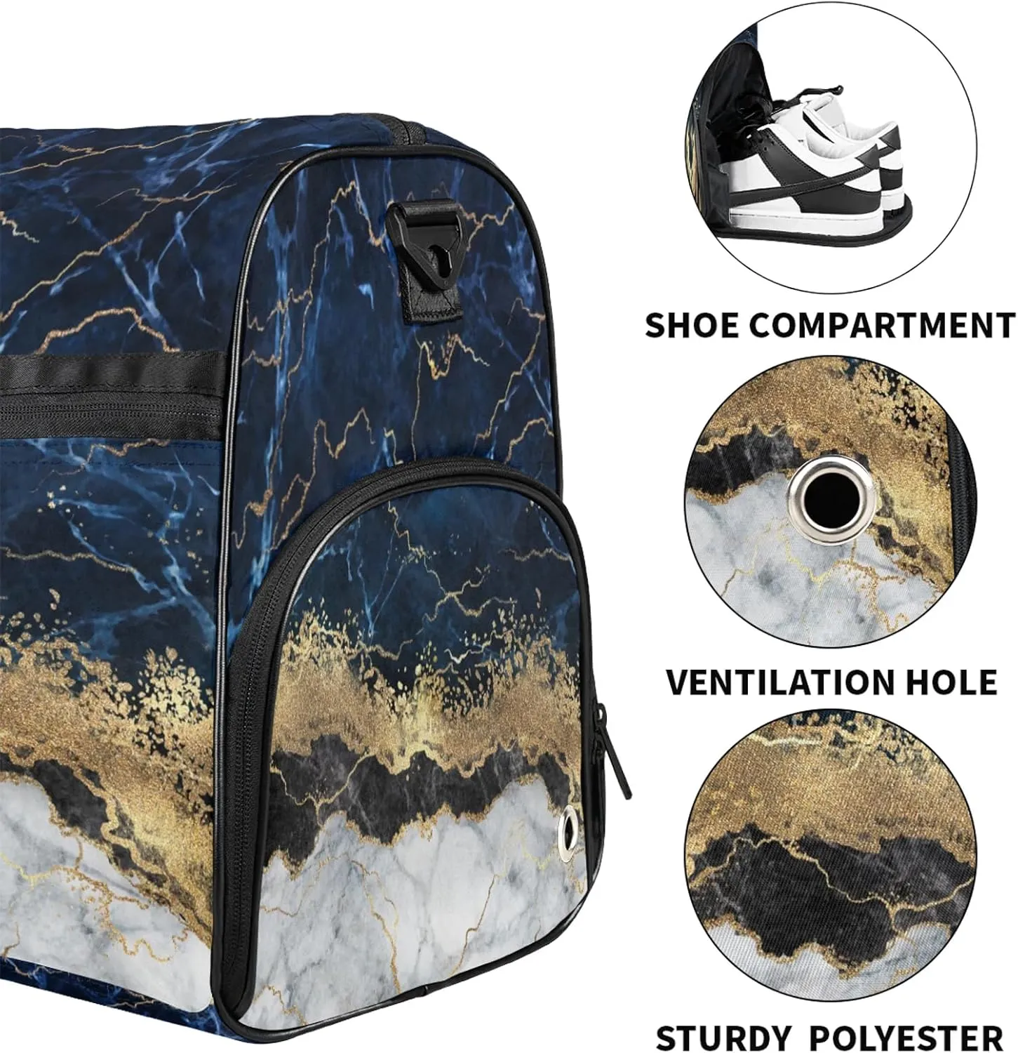 Gym Bag for Women Men Blue Marble Travel Duffle Bag with Shoe Compartment Waterproof Sports Tote Bags Large Overnight Weekender Bags for Travel Swimming Gym Yoga Dance