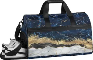 Gym Bag for Women Men Blue Marble Travel Duffle Bag with Shoe Compartment Waterproof Sports Tote Bags Large Overnight Weekender Bags for Travel Swimming Gym Yoga Dance