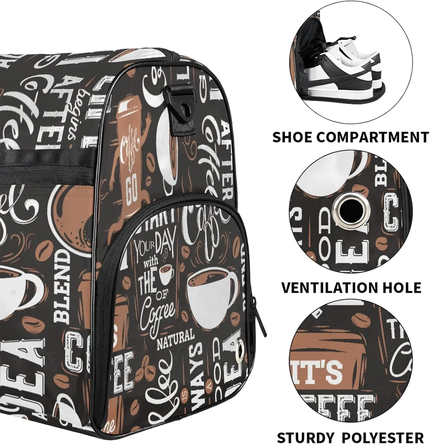 Gym Bag for Women Men Coffee Cup Abstract Travel Duffle Bag with Shoe Compartment Waterproof Sports Tote Bags Large Overnight Weekender Bags for Travel Swimming Gym Yoga Dance