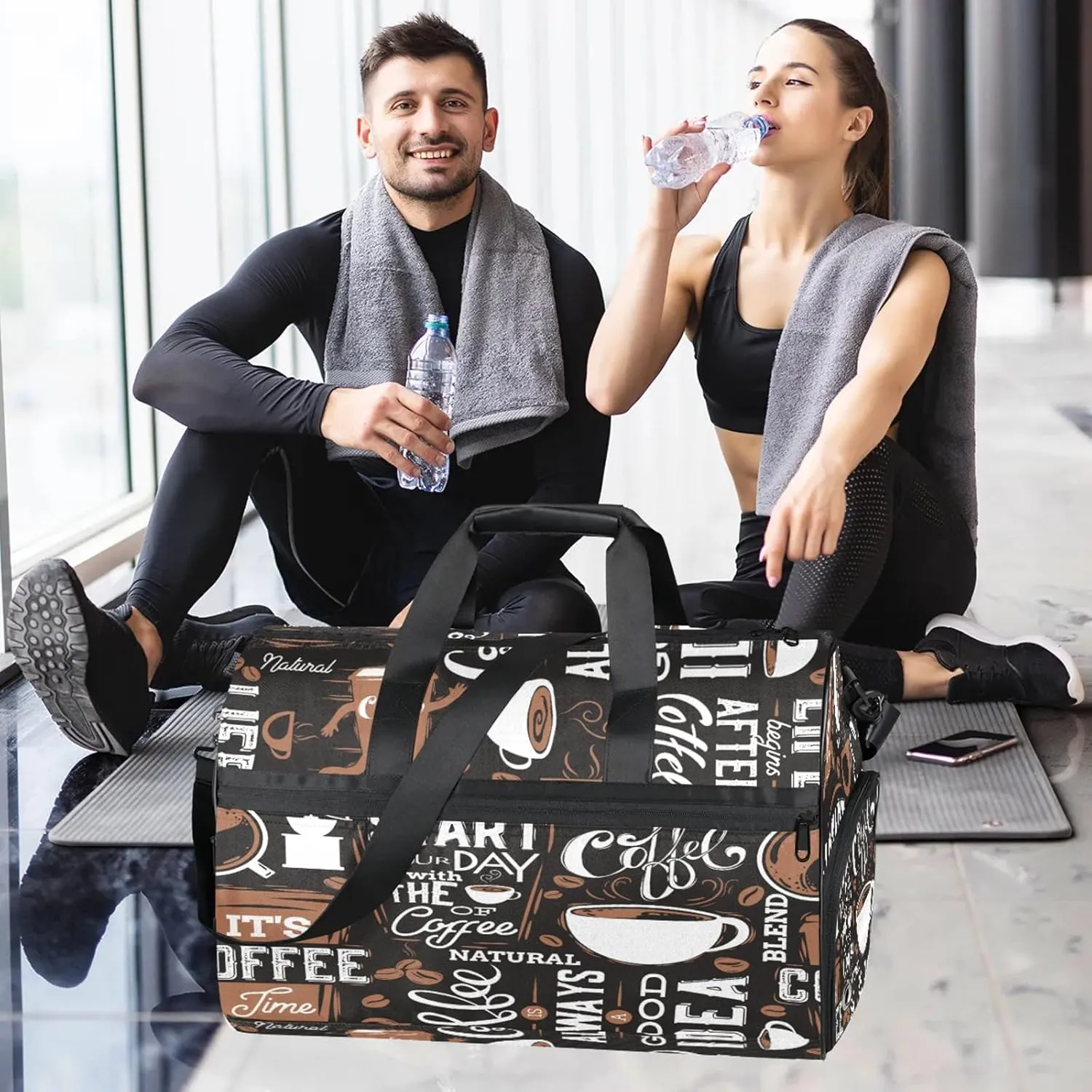Gym Bag for Women Men Coffee Cup Abstract Travel Duffle Bag with Shoe Compartment Waterproof Sports Tote Bags Large Overnight Weekender Bags for Travel Swimming Gym Yoga Dance