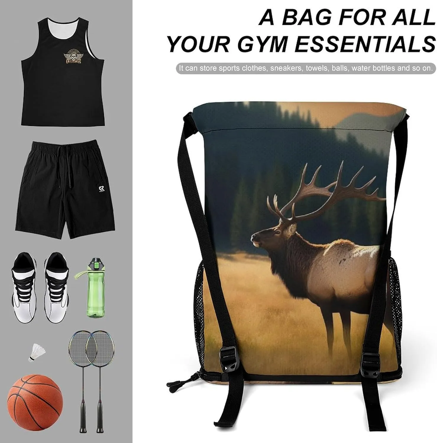 Gym Bag for Women Men Elk in The MeadowTravel Duffel Bag Large Capacity Sports Drawstring Backpack, 45.5x41.5x36cm, Style-3, JJ0529240