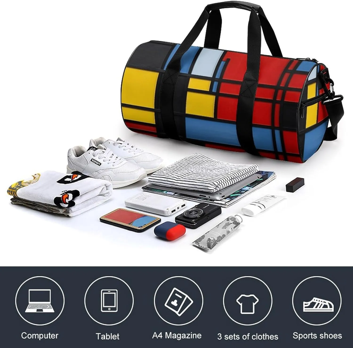 Gym Bags for Men Women Composition in Red Yellow Blue And Black Duffle Bag Travel Overnight Bag with Shoe Compartment Tote Bags