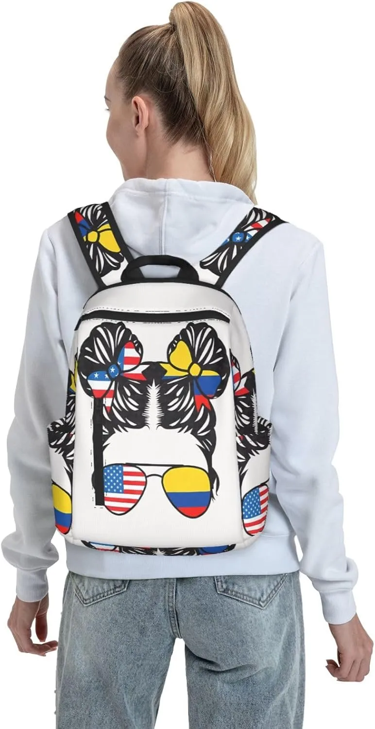 Half American Half Colombian Women Colombia Flag Casual Backpacks Large Capacity Laptop Backpack Sports Fitness Rucksack Travel Carry-On Daypack Work Bag for Outdoor Camping