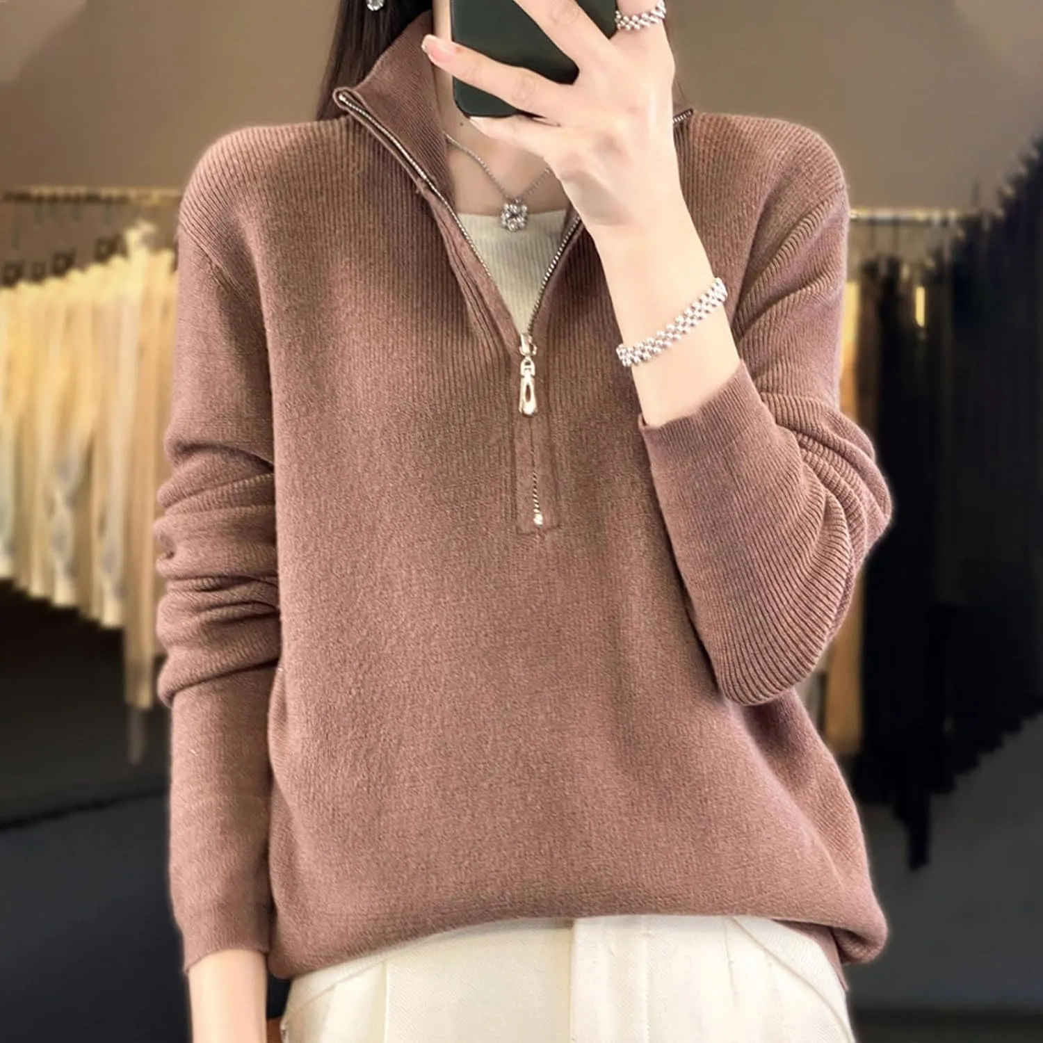 Half Zip Up Sweaters for Women Trendy 2024 Fall Long Sleeve Collared Knit Pullovers Loose Soft Sweater Tops