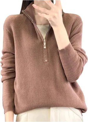 Half Zip Up Sweaters for Women Trendy 2024 Fall Long Sleeve Collared Knit Pullovers Loose Soft Sweater Tops