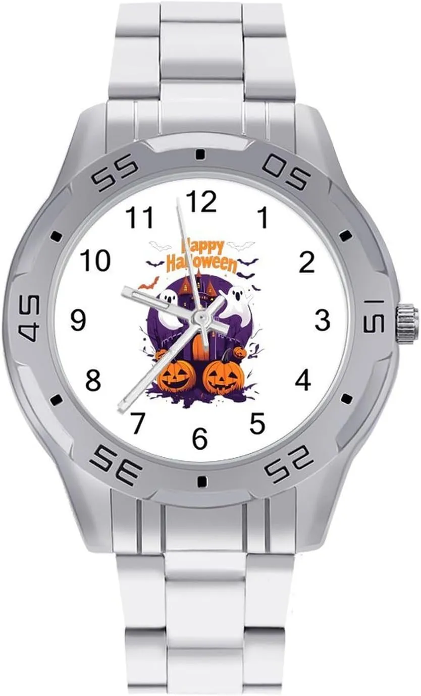 Halloween-Themed Pumpkins Ghosts Simple Wrist Watches for Men Silver Casual Big Face Dress Watch Easy to Read