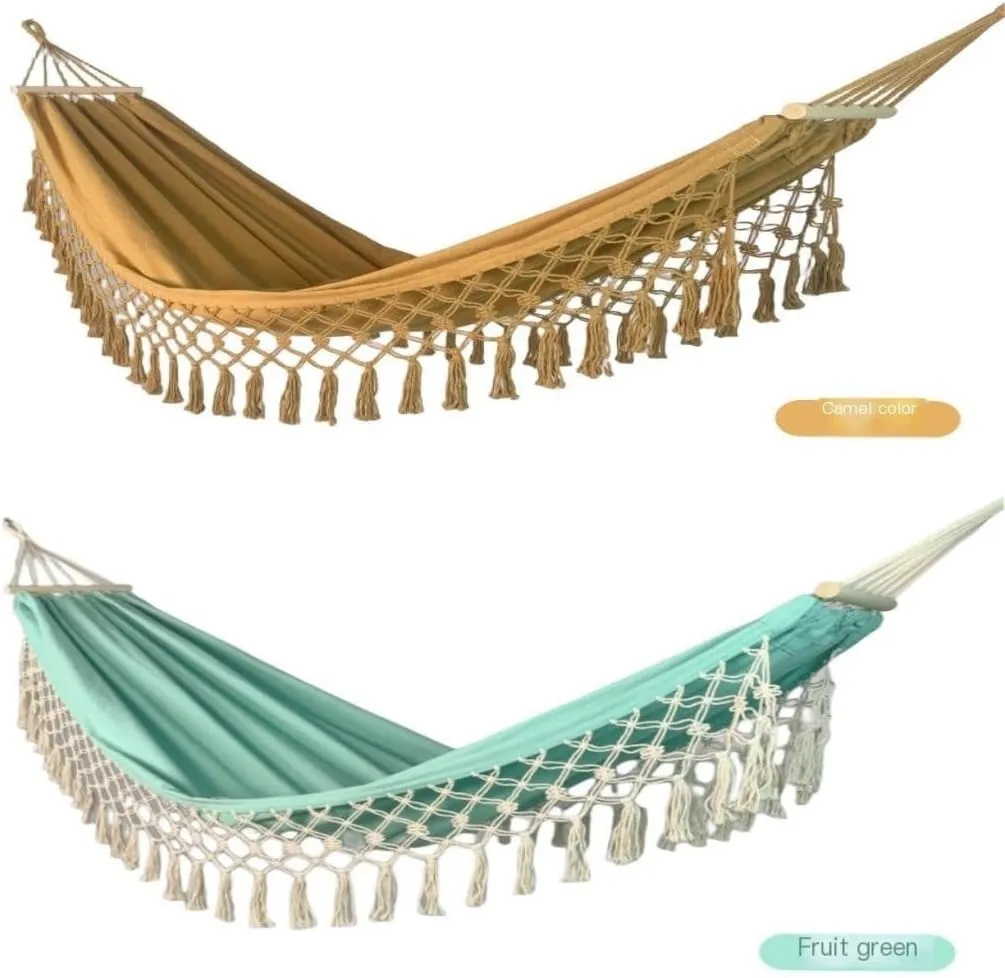Hammock Double Wooden Stick Anti-Rollover Canvas Hammock Outdoor Supplies Indoor Swing Camping Exotic Style Tassel Hammock Hammock Outdoor(Gray)