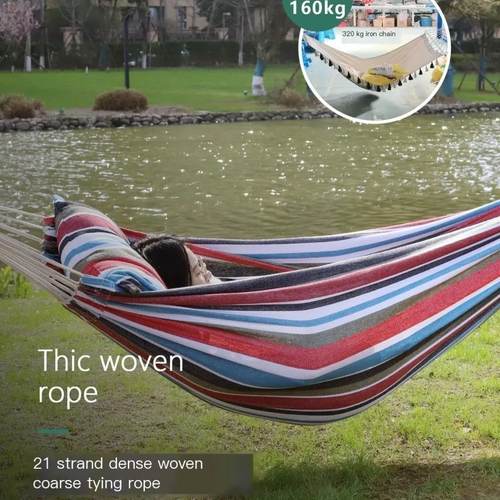 Hammocks Outdoor Hammock Woven Tassel Thick Canvas Straight Stick Anti-Rollover Leisure Camping Single Double Swing Camping Hammocks(Blue,A)