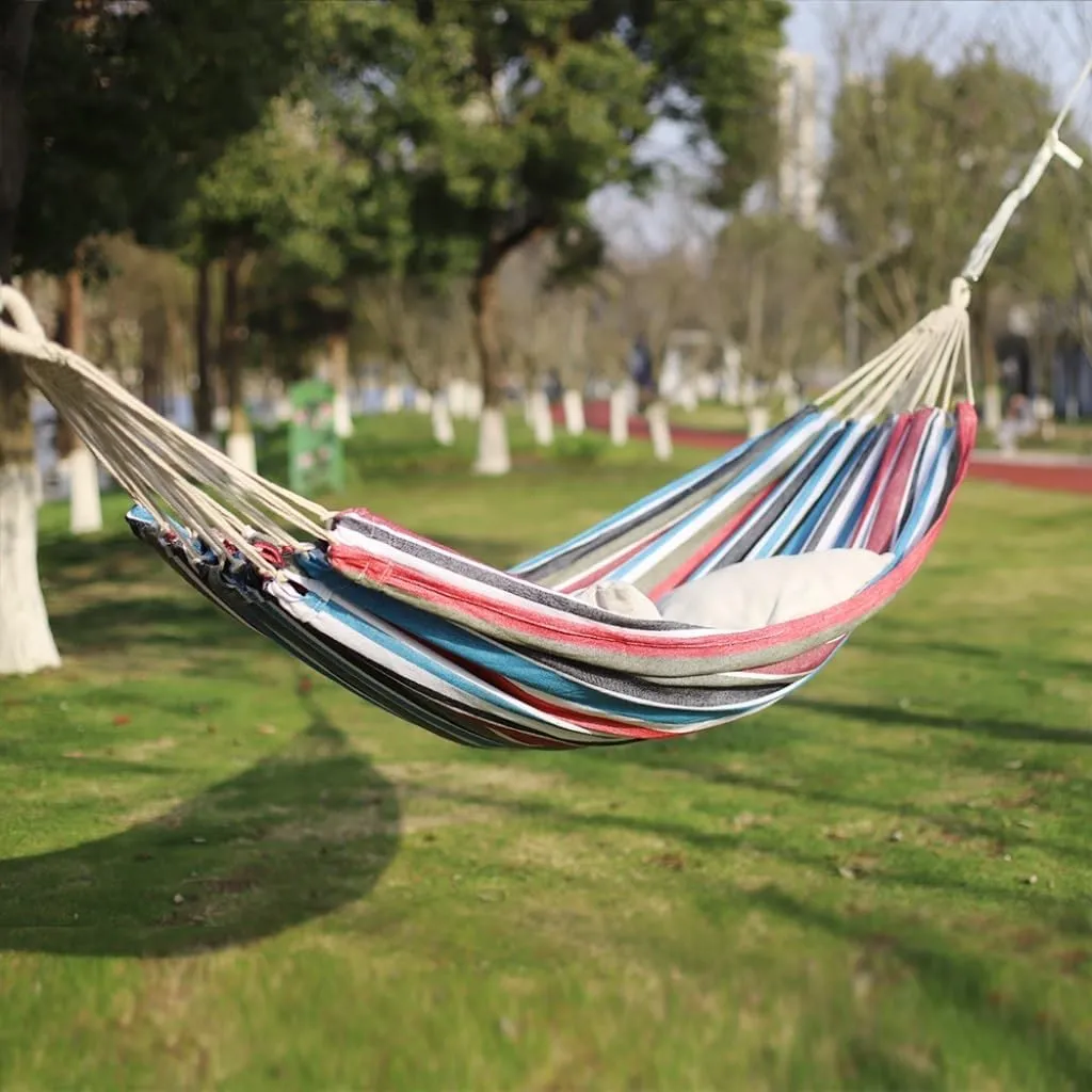 Hammocks Outdoor Hammock Woven Tassel Thick Canvas Straight Stick Anti-Rollover Leisure Camping Single Double Swing Camping Hammocks(White,B)