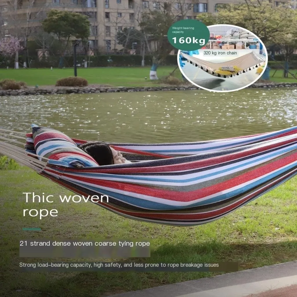 Hammocks Outdoor Hammock Woven Tassel Thick Canvas Straight Stick Anti-Rollover Leisure Camping Single Double Swing Camping Hammocks(White,B)