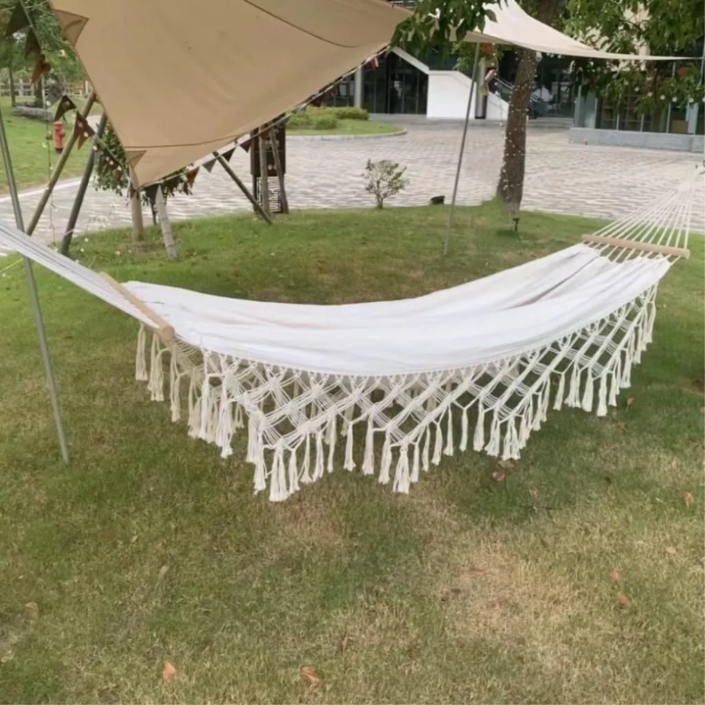 Hammocks Tassel Anti-Rollover Short Stick Hammock Bohemian Beach Hanging Chair Outdoor Supplies Double Canvas Hammock Camping Hammocks(Orange)