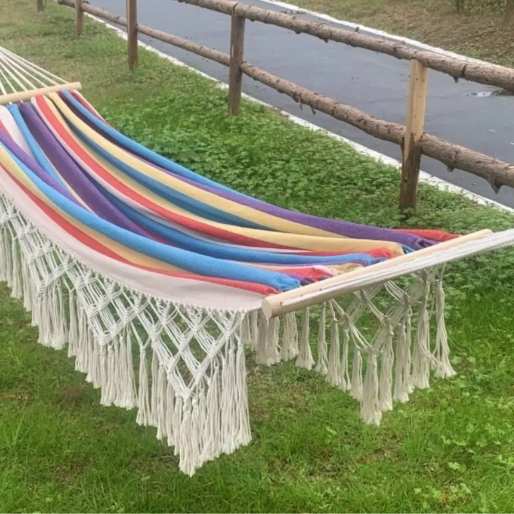 Hammocks Tassel Anti-Rollover Short Stick Hammock Bohemian Beach Hanging Chair Outdoor Supplies Double Canvas Hammock Camping Hammocks(Orange)