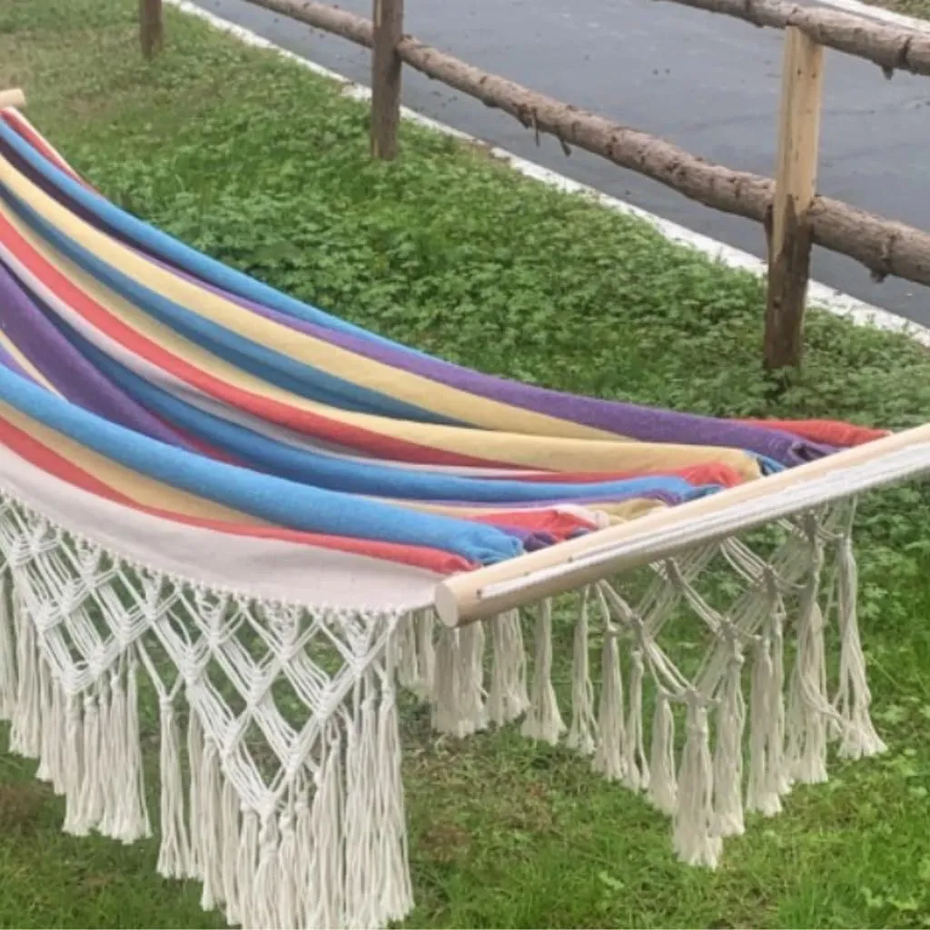 Hammocks Tassel Anti-Rollover Short Stick Hammock Bohemian Beach Hanging Chair Outdoor Supplies Double Canvas Hammock Camping Hammocks(Orange)