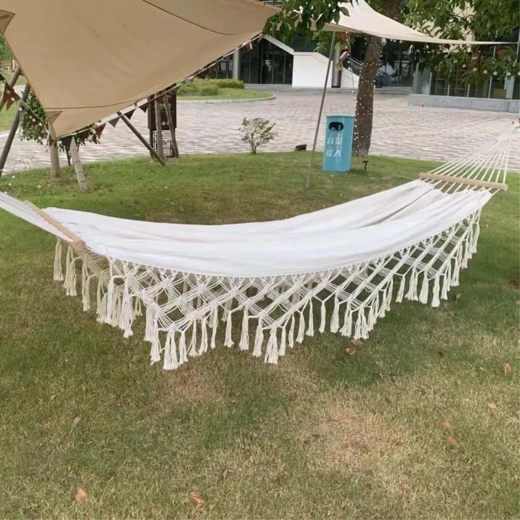 Hammocks Tassel Anti-Rollover Short Stick Hammock Bohemian Beach Hanging Chair Outdoor Supplies Double Canvas Hammock Camping Hammocks(Orange)