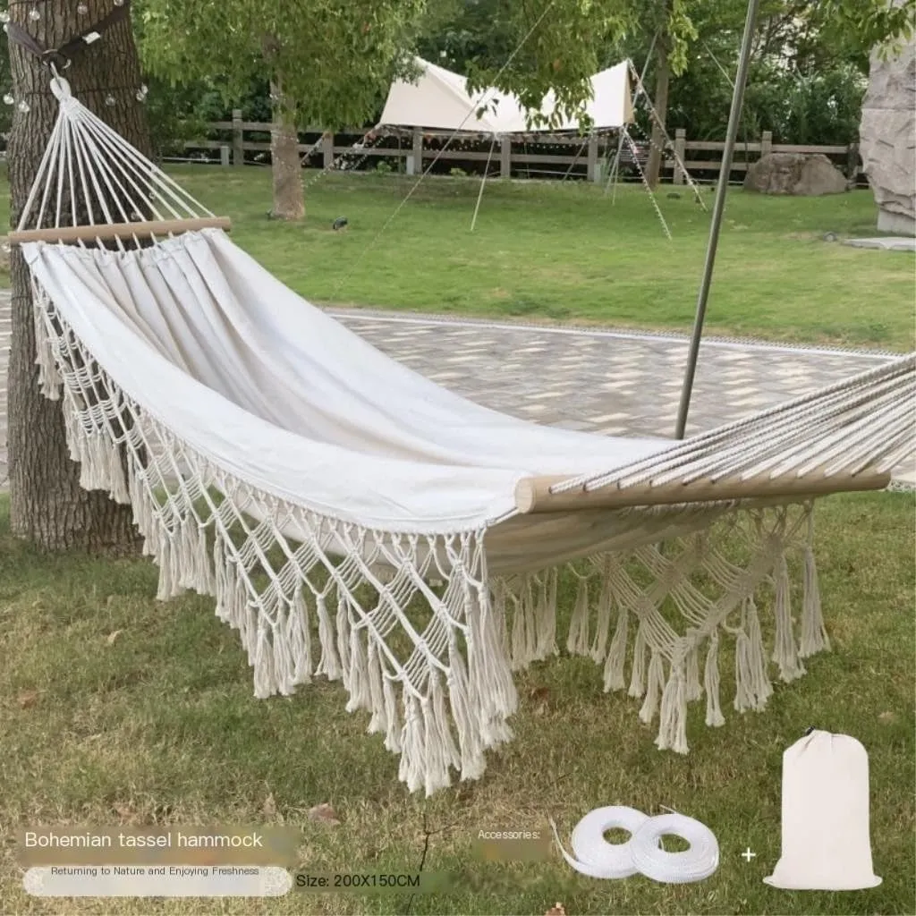 Hammocks Tassel Anti-Rollover Short Stick Hammock Bohemian Beach Hanging Chair Outdoor Supplies Double Canvas Hammock Camping Hammocks(Orange)