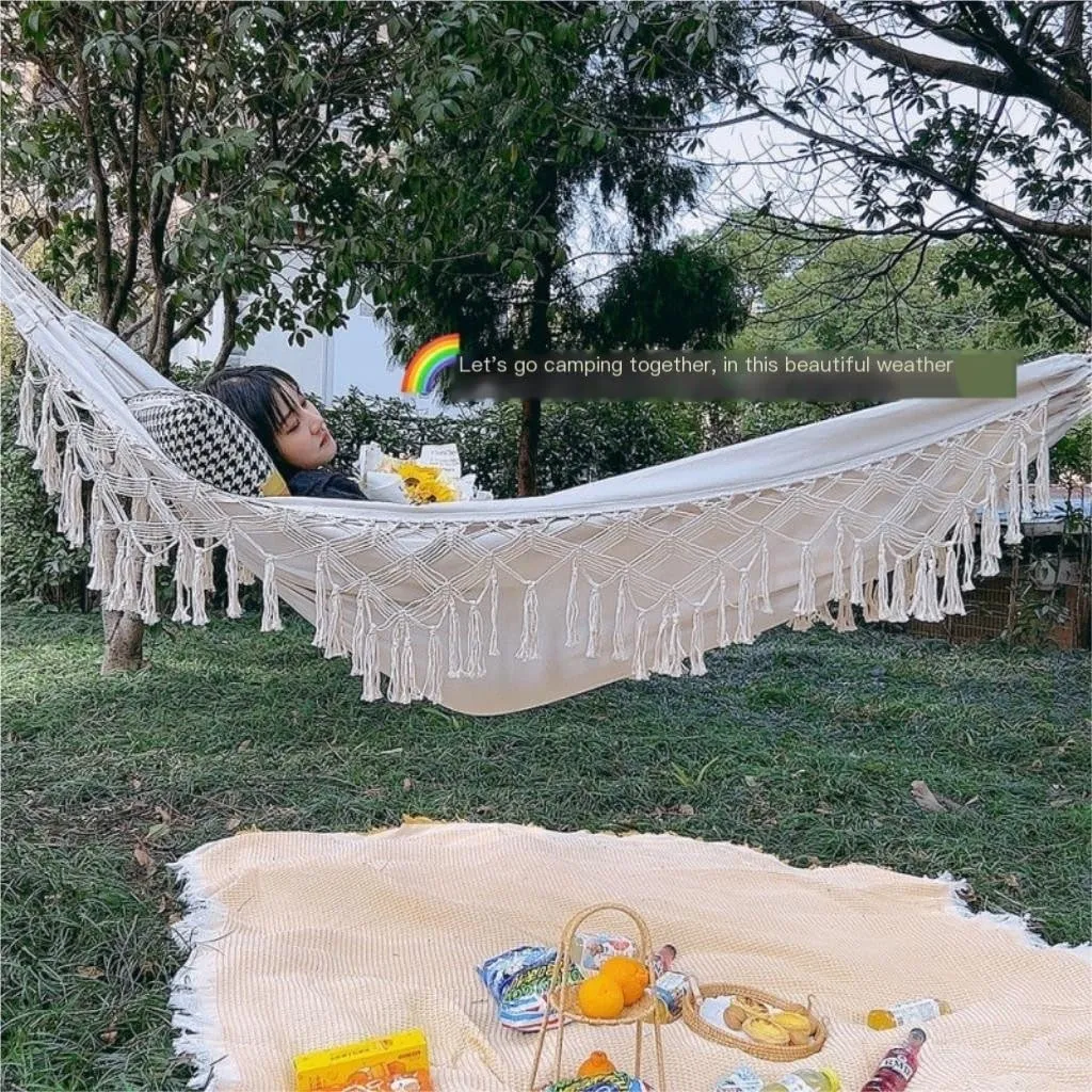 Hammocks Tassel Outdoor Camping Hammock Outdoor Single Double Camping Swing Adult Thick Canvas Leisure Homestay Camping Hammocks(Large)
