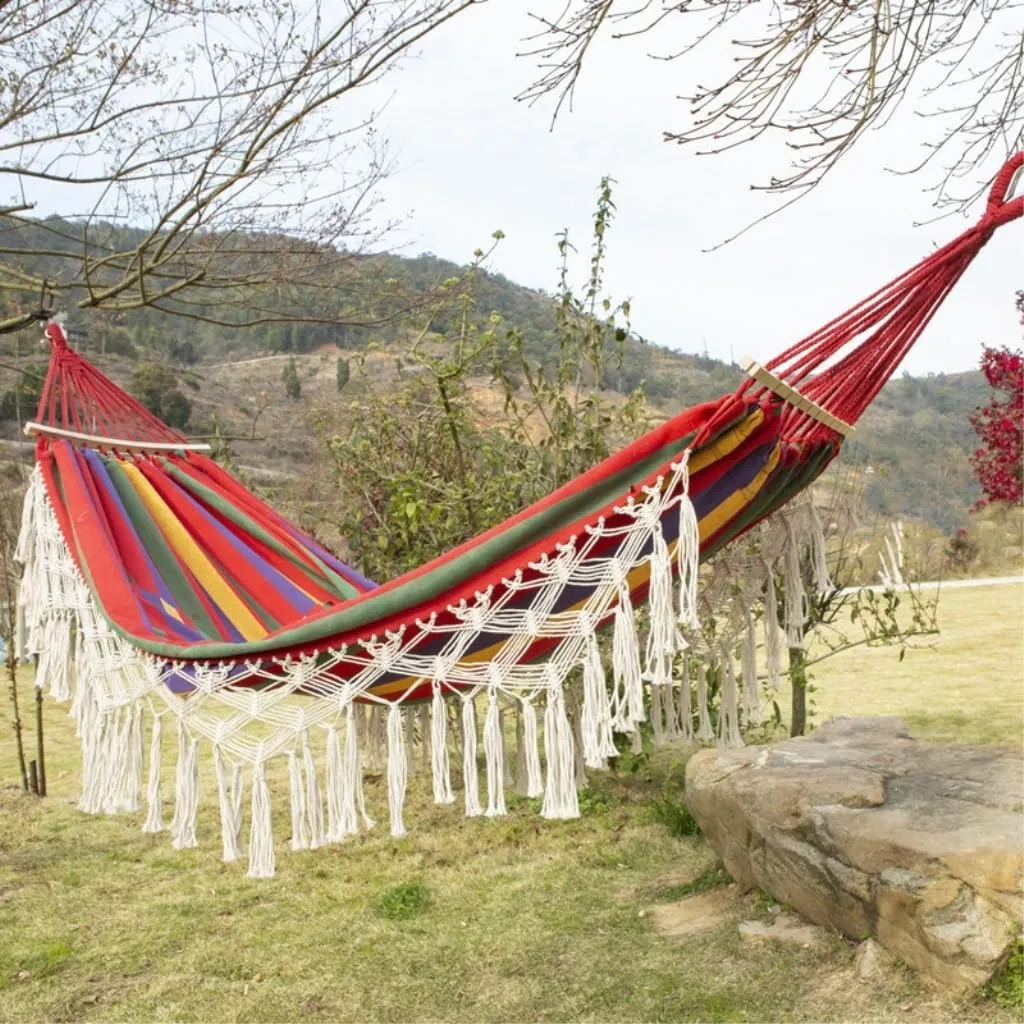 Hamock European and American Hammock Outdoor Folding Camping Woven Canvas Autumn Portable Hanging Chair Double Hanmock(B)
