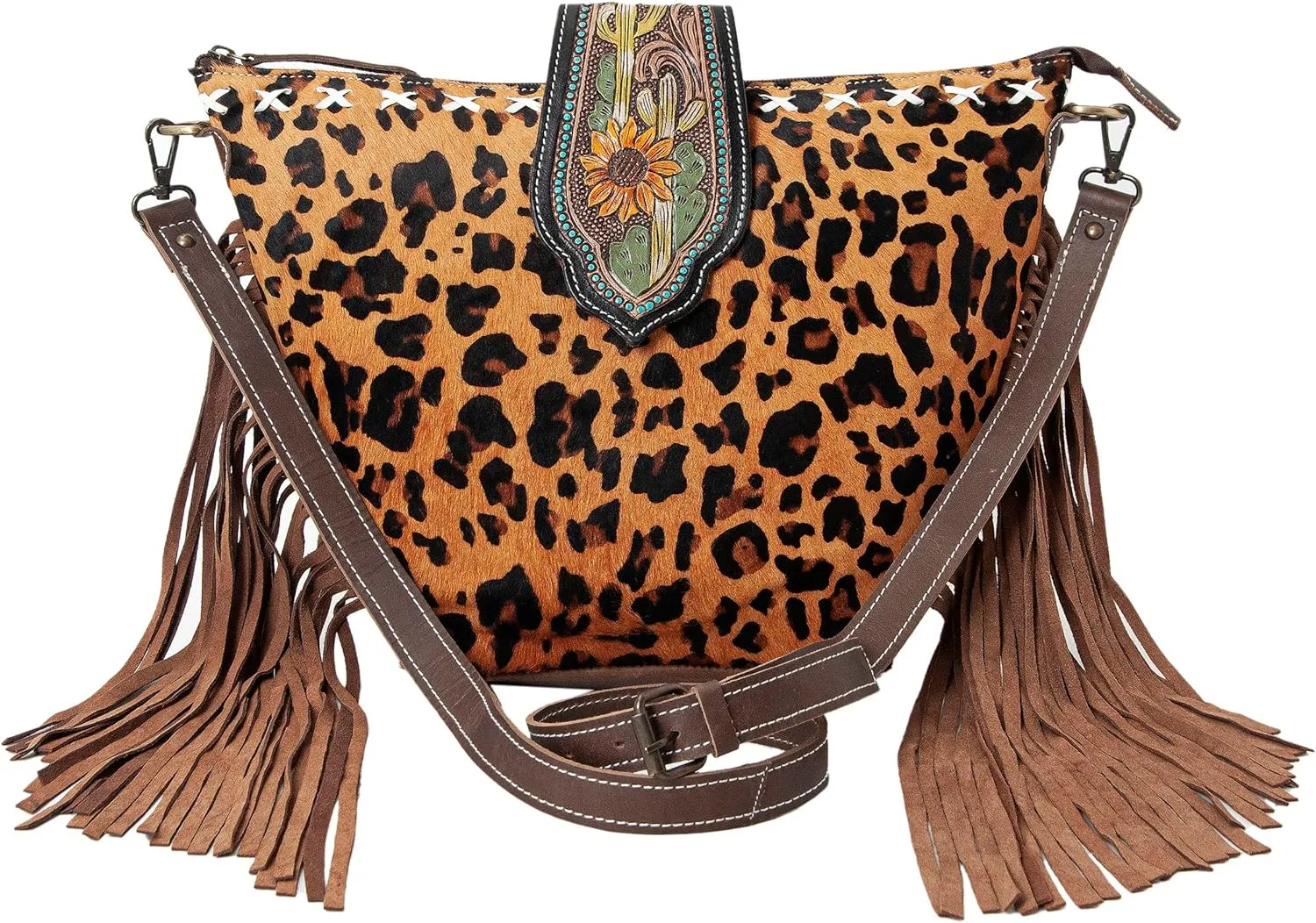 Hand Tooled Cowhide Leather Flap Open Zipper Closure Crossbody Shoulder Purse For Women