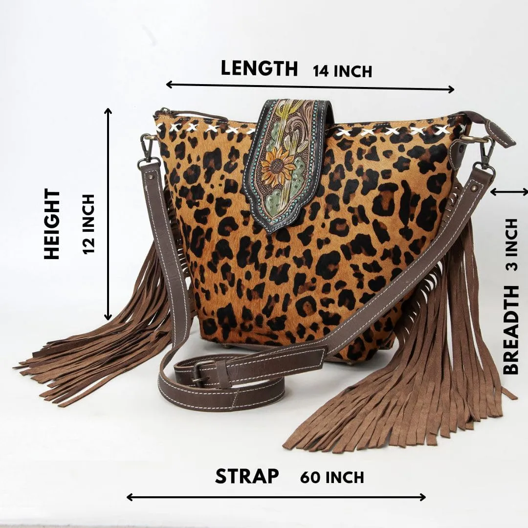 Hand Tooled Cowhide Leather Flap Open Zipper Closure Crossbody Shoulder Purse For Women