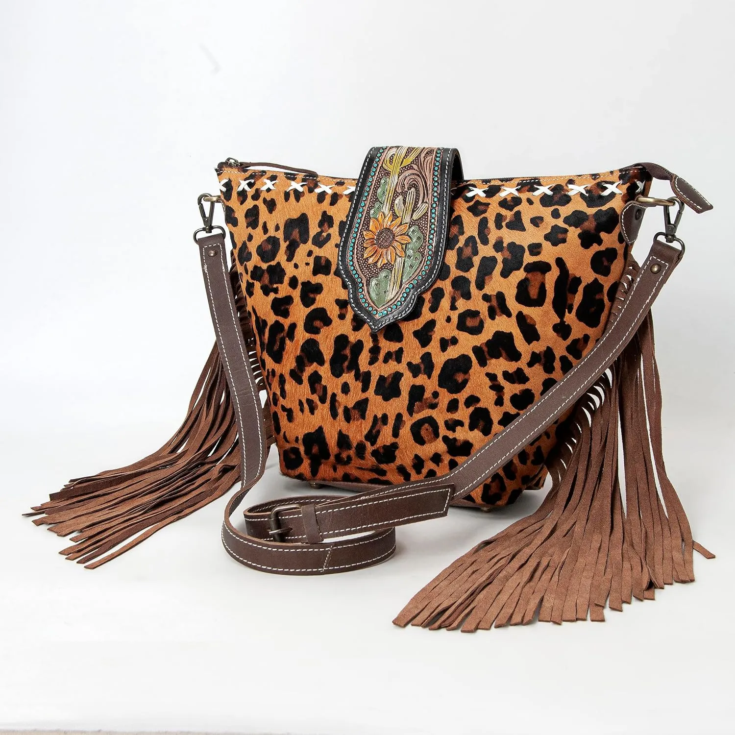 Hand Tooled Cowhide Leather Flap Open Zipper Closure Crossbody Shoulder Purse For Women