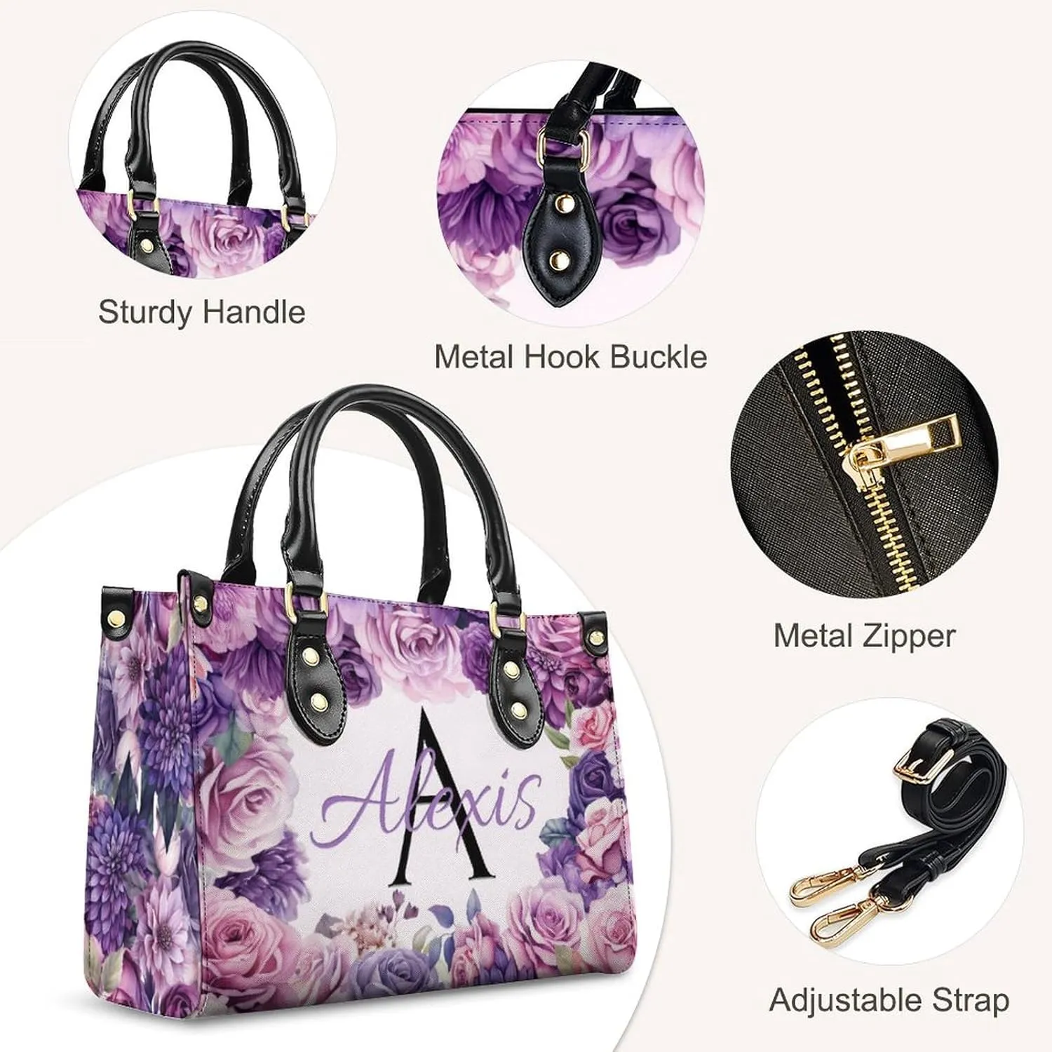 Handbag for Women, Custom Name Leather Tote Bag Gifts for Mom, Crossbody Purse for Shopping Work Business