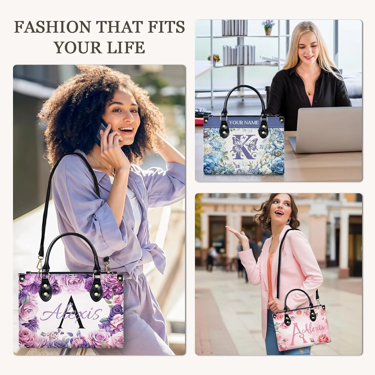 Handbag for Women, Custom Name Leather Tote Bag Gifts for Mom, Crossbody Purse for Shopping Work Business