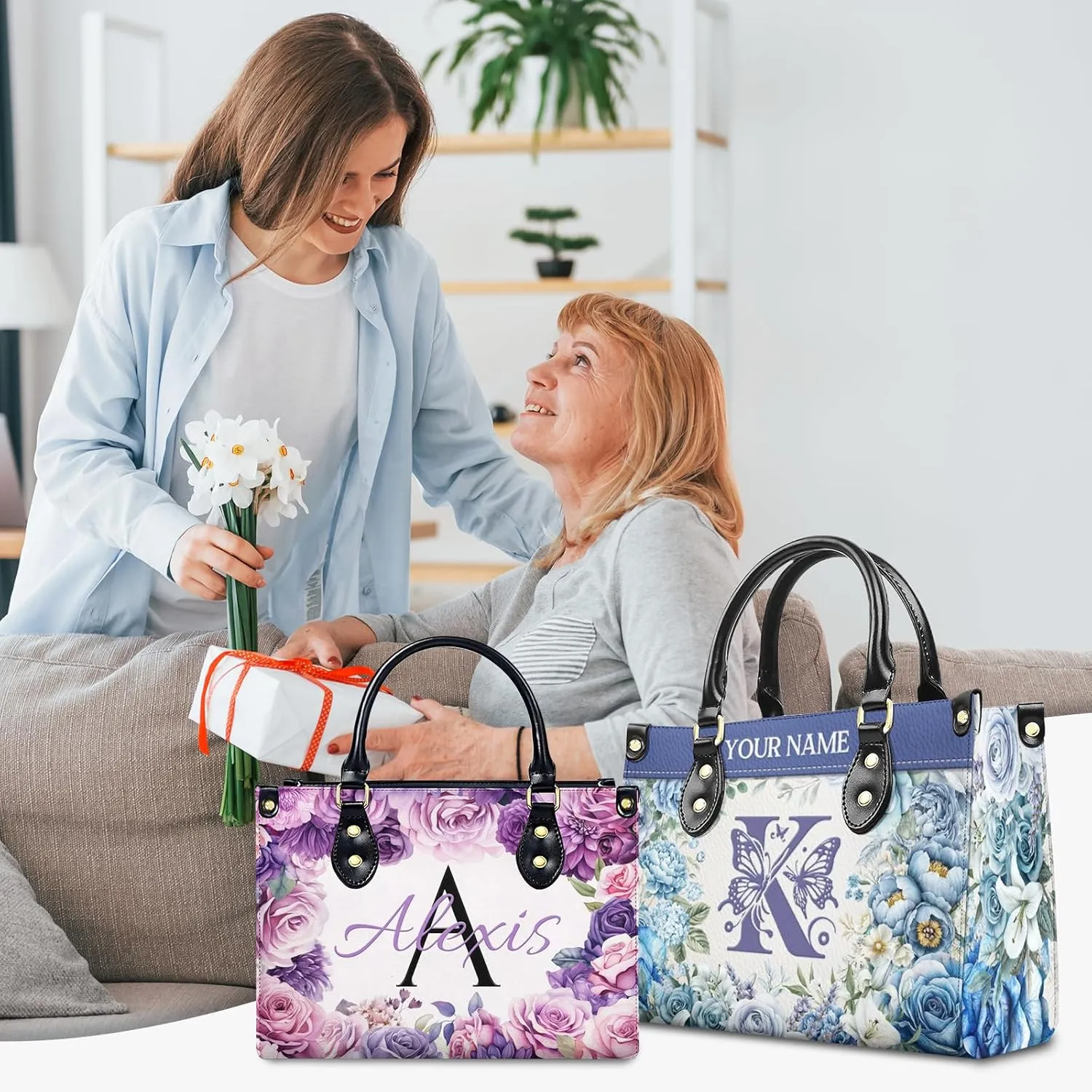 Handbag for Women, Custom Name Leather Tote Bag Gifts for Mom, Crossbody Purse for Shopping Work Business
