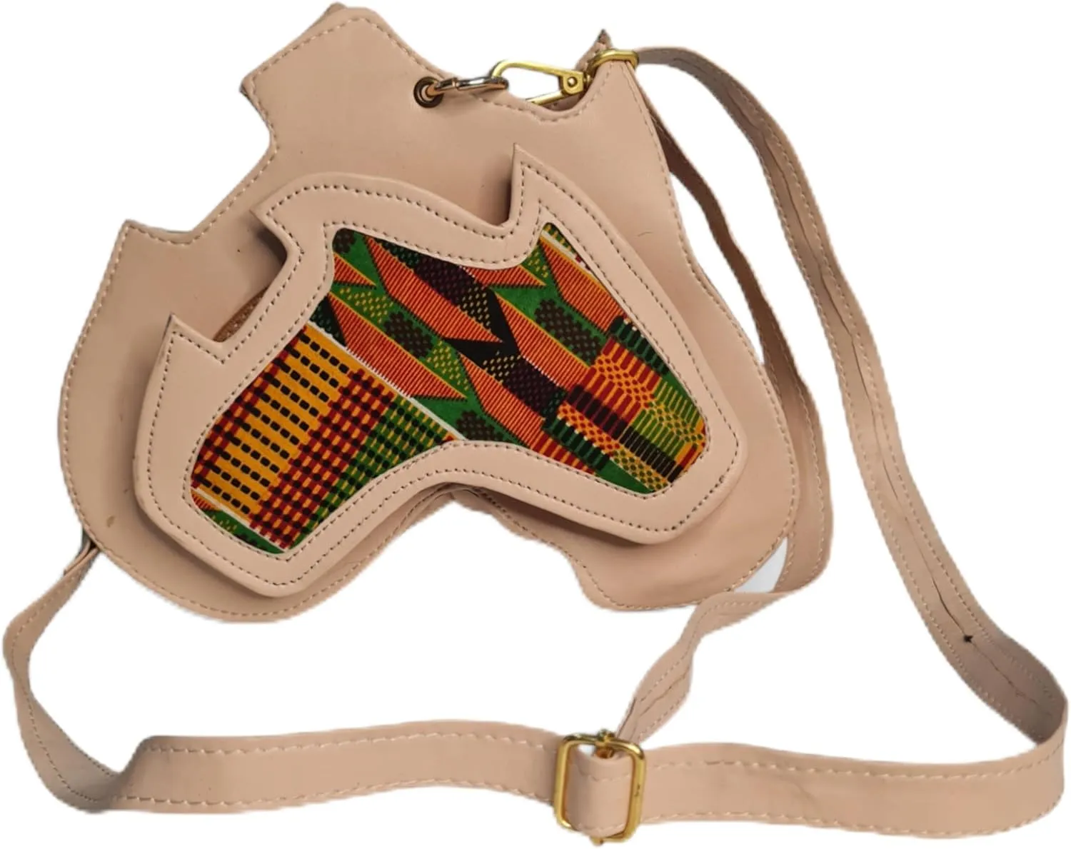 Handmade Africa-Shaped Leather Cross Bag With Zipper | Shoulder Bag with Kente Print, Unisex Bag