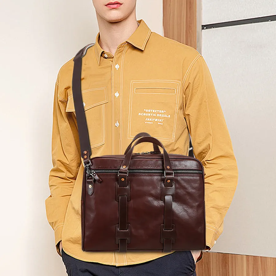 Handmade Vintage Business Zipper Full-Grain Leather Men’s Briefcase Bag