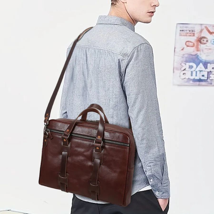 Handmade Vintage Business Zipper Full-Grain Leather Men’s Briefcase Bag
