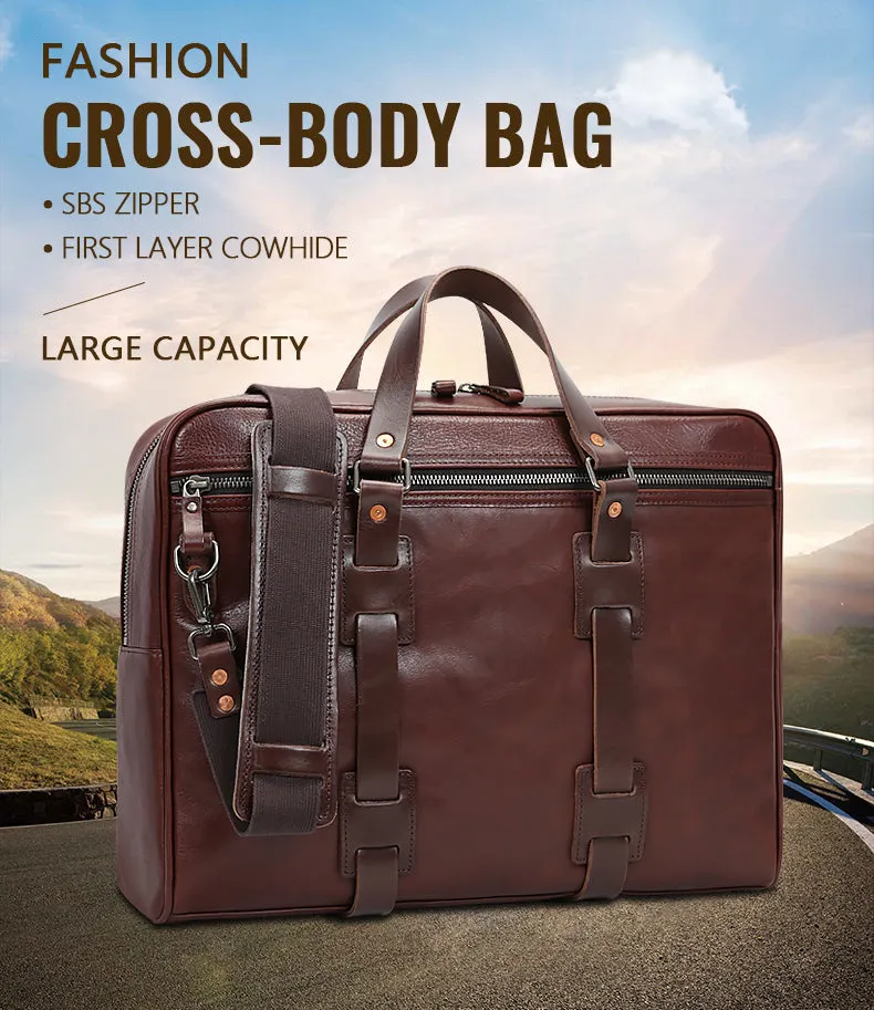 Handmade Vintage Business Zipper Full-Grain Leather Men’s Briefcase Bag