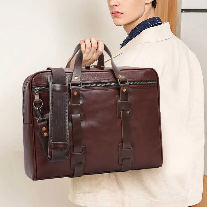 Handmade Vintage Business Zipper Full-Grain Leather Men’s Briefcase Bag