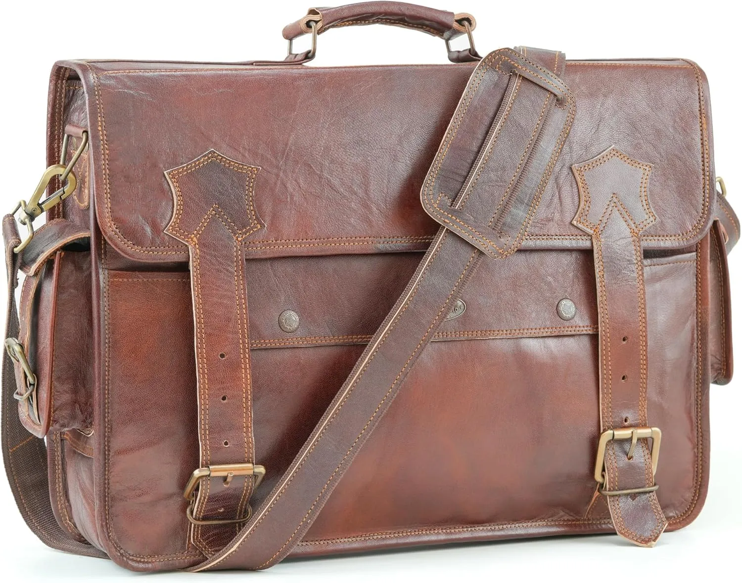 Handmade World Leather Messenger Bag 'The BrownStone' fits 18 Inch Genuine Leather Briefcase Computer Satchel For Men Office Work Travel Business