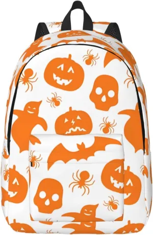 Happy Halloween Bats Witchs Spider Web Pumpkin Skull Bone Canvas Backpacks Laptop Backpack Multipurpose Double Shoulder Bag for Men Women Gifts Medium
