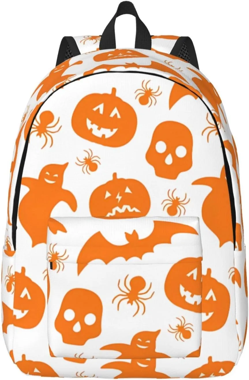 Happy Halloween Bats Witchs Spider Web Pumpkin Skull Bone Canvas Backpacks Laptop Backpack Multipurpose Double Shoulder Bag for Men Women Gifts Medium