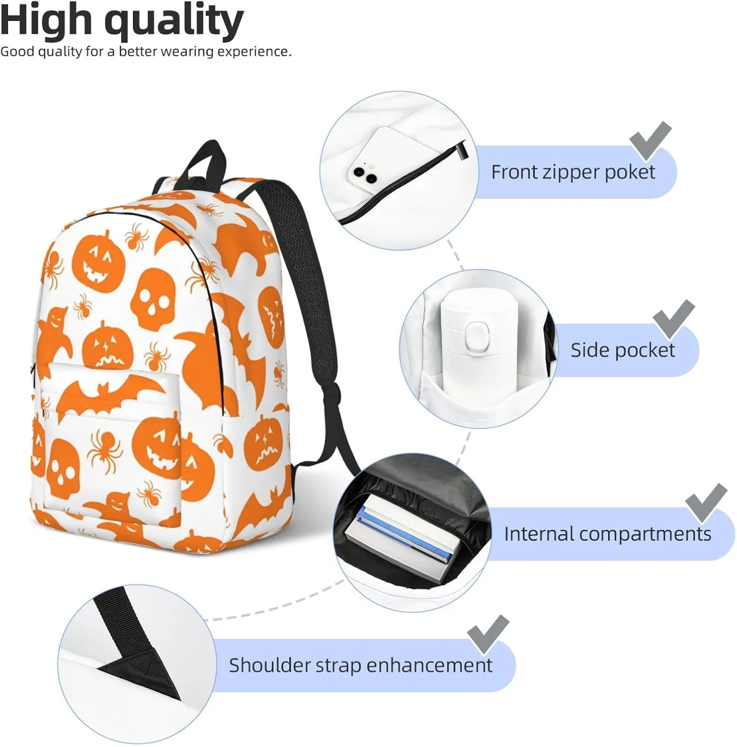 Happy Halloween Bats Witchs Spider Web Pumpkin Skull Bone Canvas Backpacks Laptop Backpack Multipurpose Double Shoulder Bag for Men Women Gifts Medium