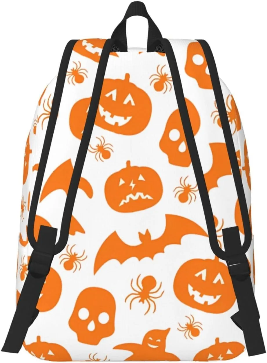 Happy Halloween Bats Witchs Spider Web Pumpkin Skull Bone Canvas Backpacks Laptop Backpack Multipurpose Double Shoulder Bag for Men Women Gifts Medium
