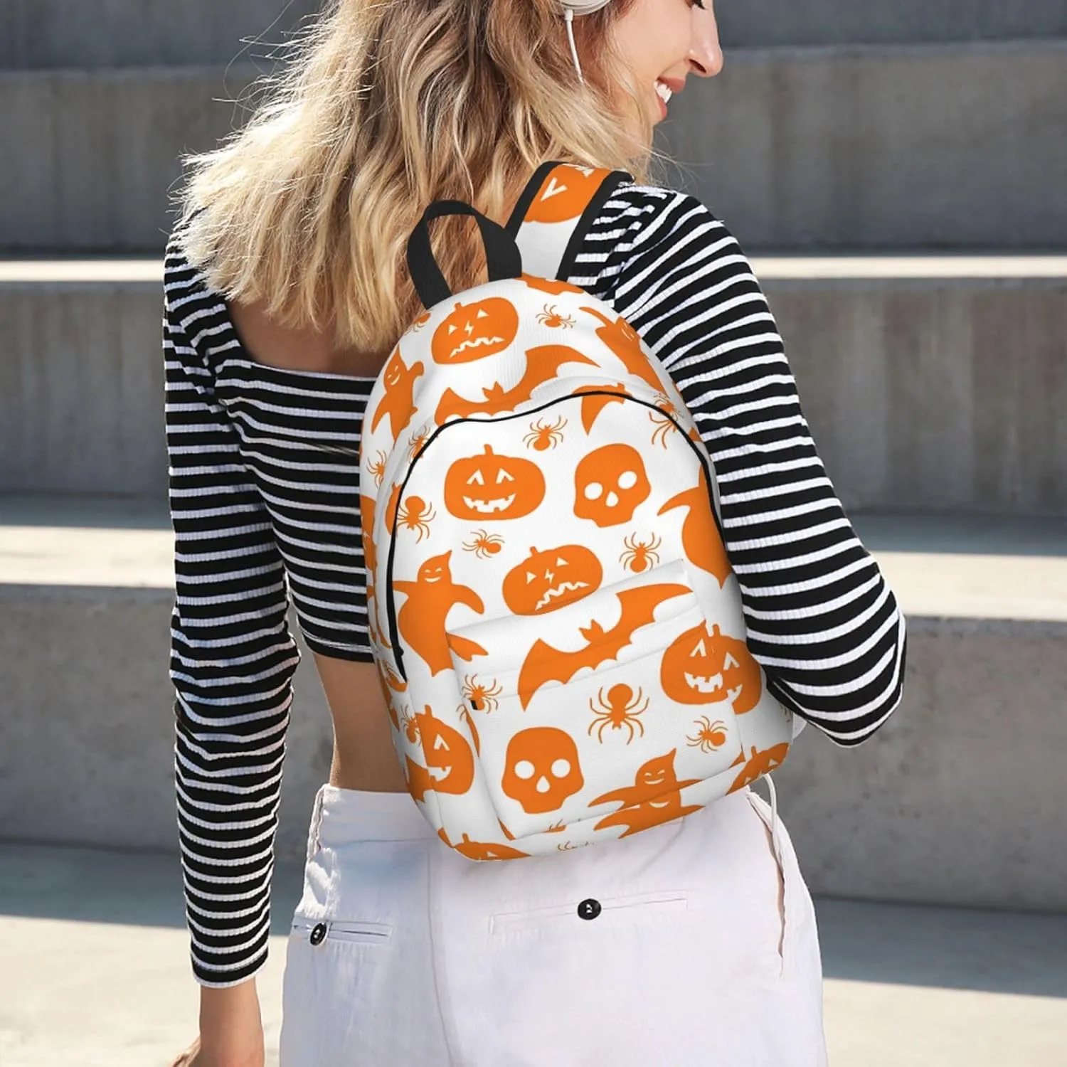 Happy Halloween Bats Witchs Spider Web Pumpkin Skull Bone Canvas Backpacks Laptop Backpack Multipurpose Double Shoulder Bag for Men Women Gifts Medium