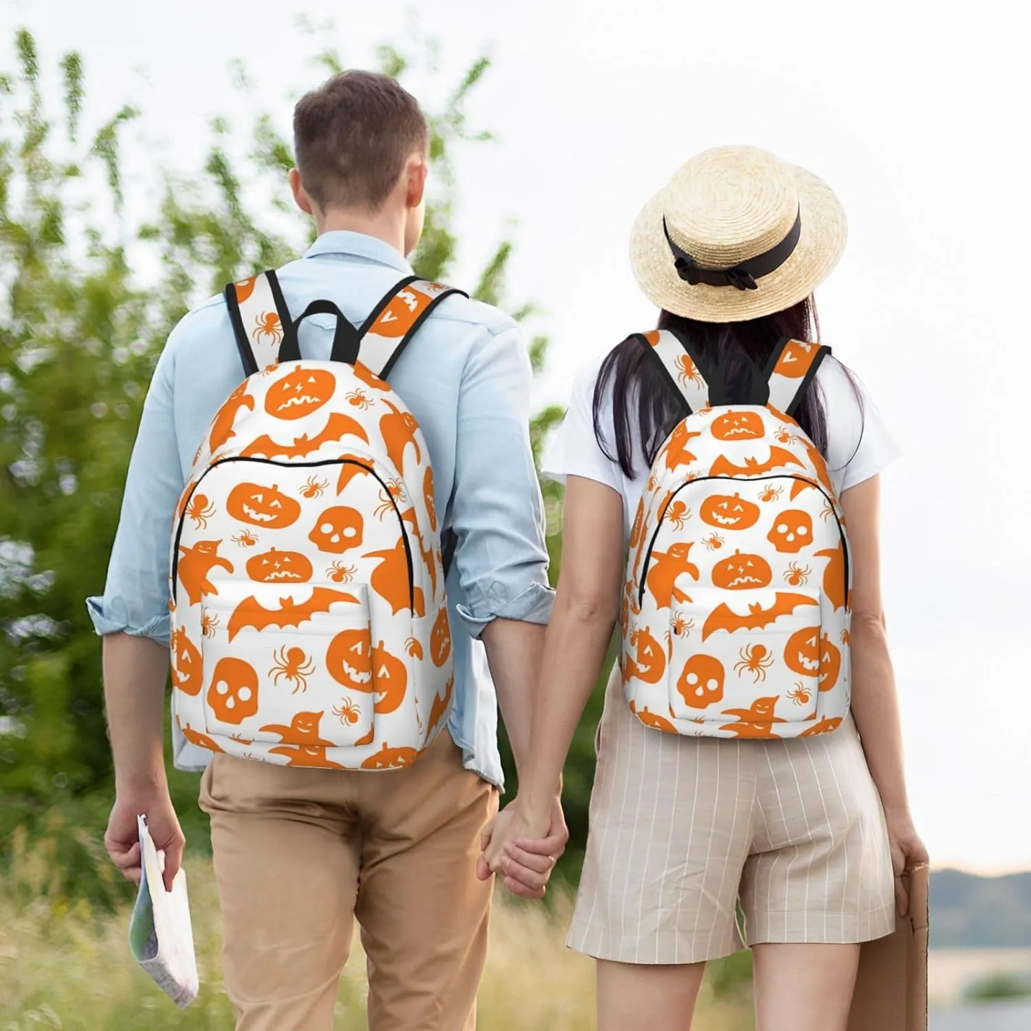 Happy Halloween Bats Witchs Spider Web Pumpkin Skull Bone Canvas Backpacks Laptop Backpack Multipurpose Double Shoulder Bag for Men Women Gifts Medium